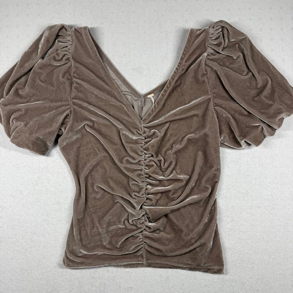Free People Cupcake Velvet Top Women’s XL Taupe Brown Ruched Puff Sleeve